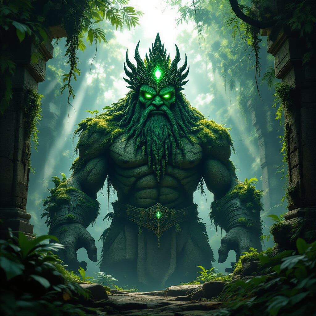 Ancient Stone Golem Guarding Jungle Temple Crown