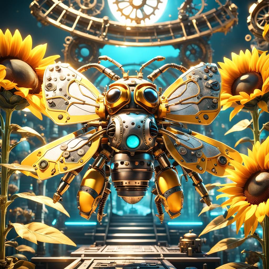Steampunk Sunflowers and Bee in 3D Game Style