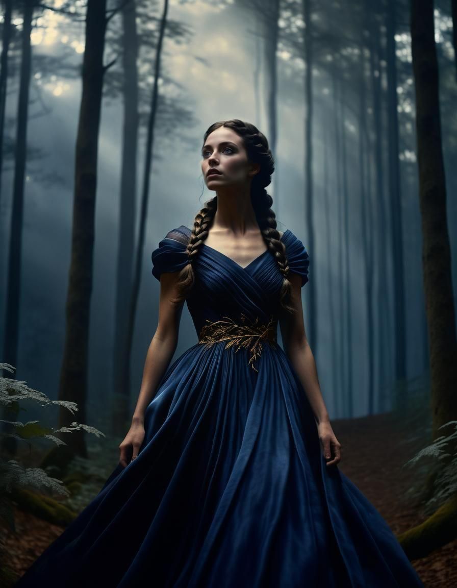 Brunette Woman in Blue Satin Dress, Photorealistic Fantasy