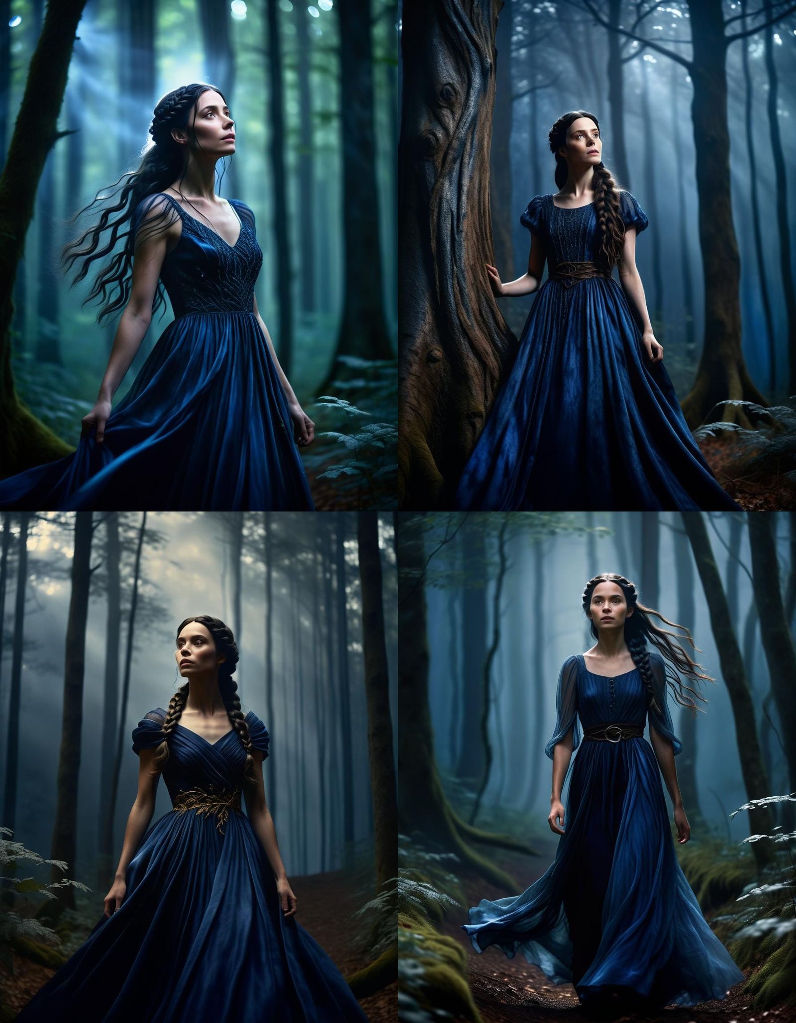 Brunette in Blue Satin Dress in Forest