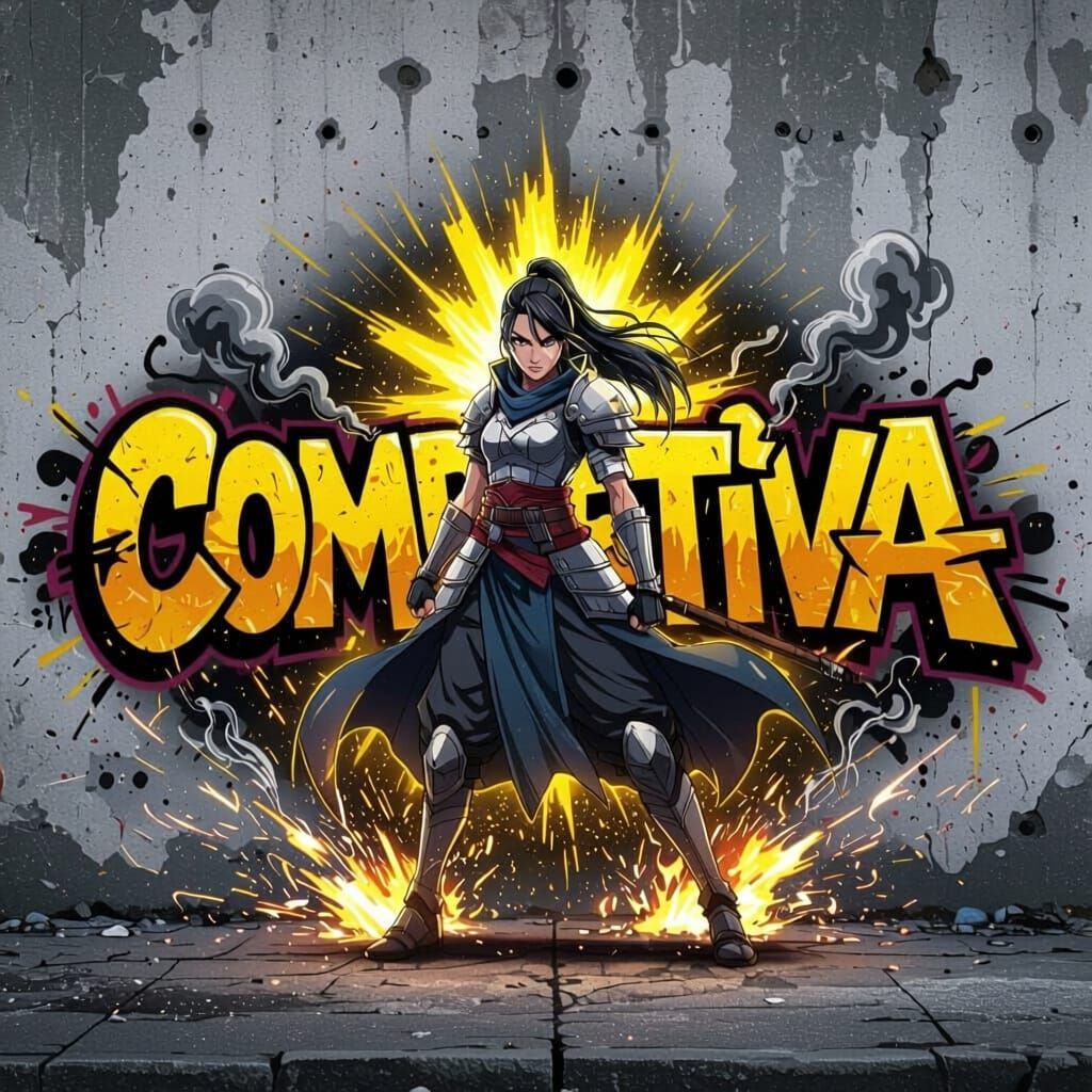 Anime Warrior Mural "Combattiva" with Yellow Black Aura