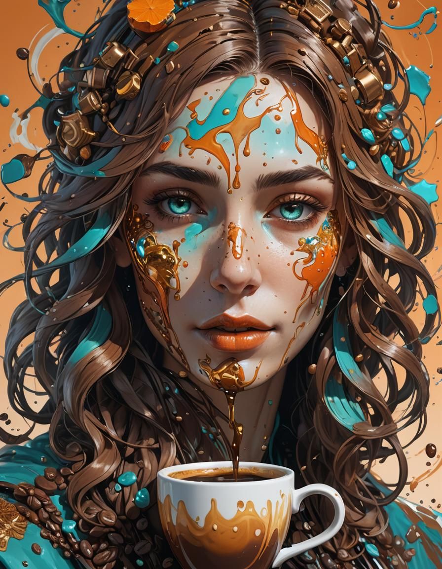 Coffee Splash: Hyperdetailed Art in Orange and Teal