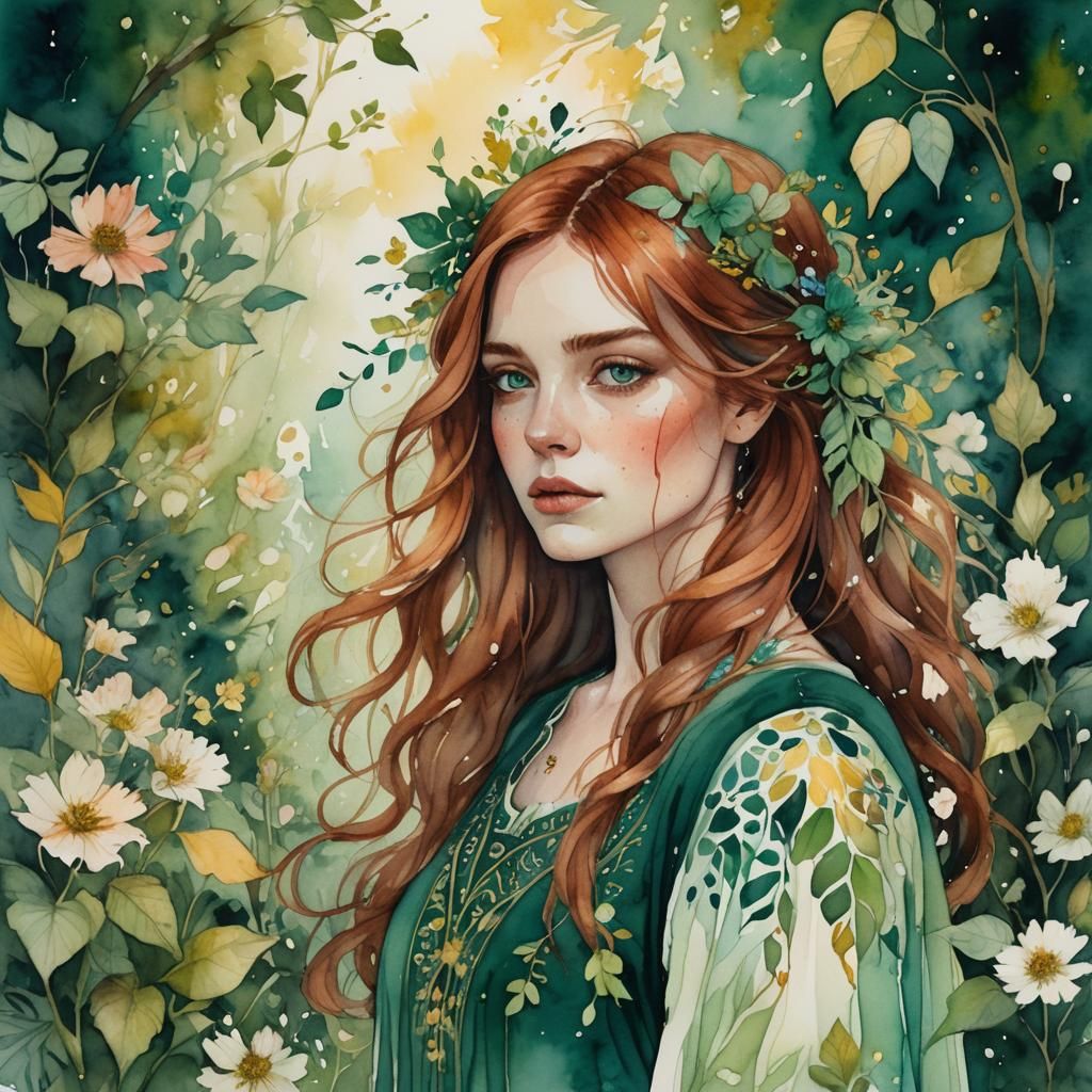 Auburn Haired Woman in Whimsical Watercolor Garden