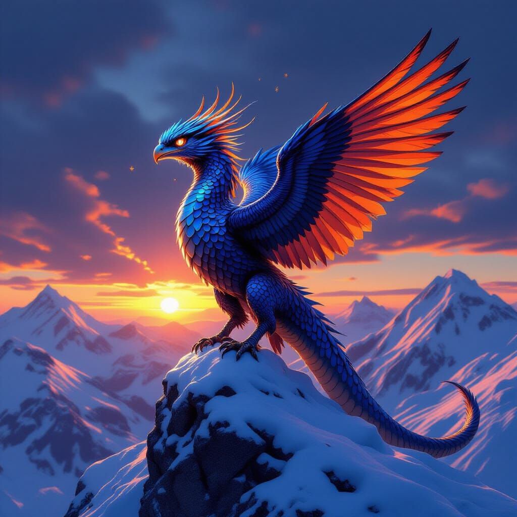 Iridescent Basilisk Perched on Snowy Peak, Fantasy Art