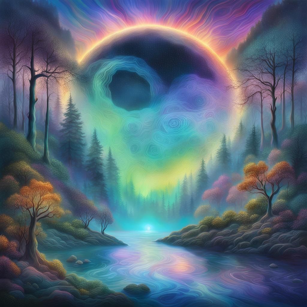 Wooded Island Emerging Through the Veil: Astral Cosmic Illus...