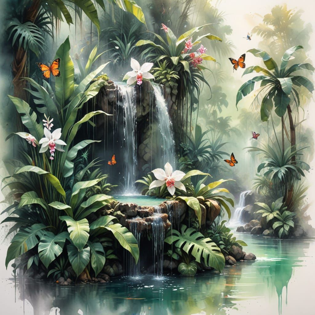 Lush Rainforest Waterfall in Impressionistic Style
