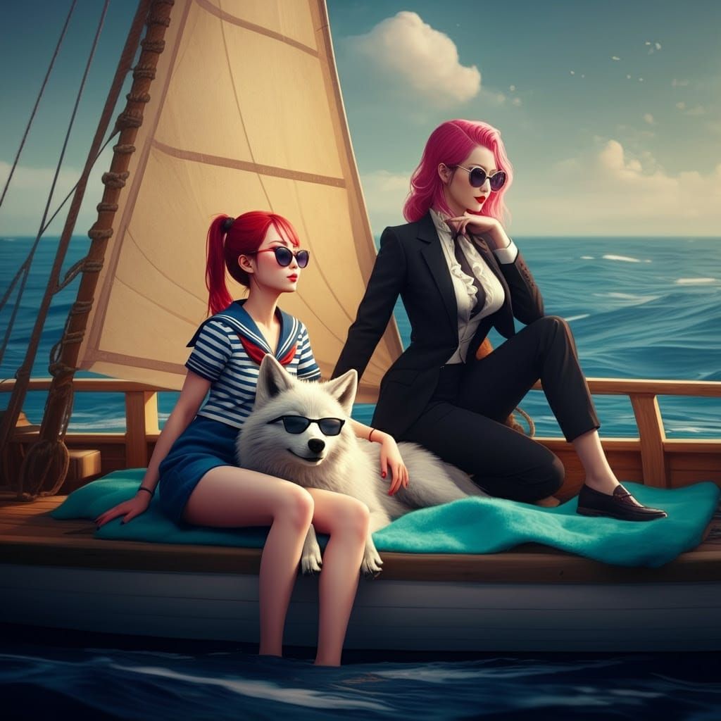 Sailing Goddesses with Gentle Wolf Companion