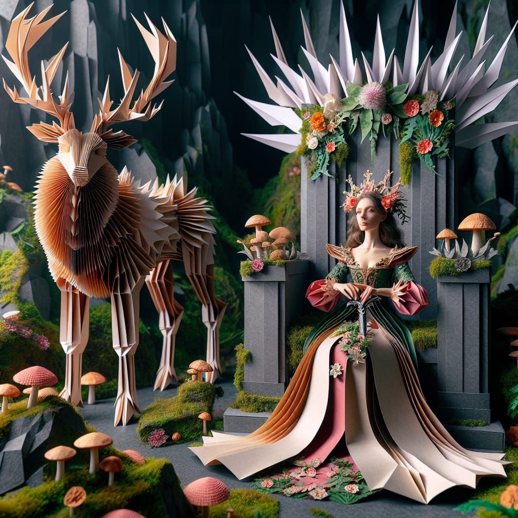 Fantasy Noblewoman and Deer King in Origami Style