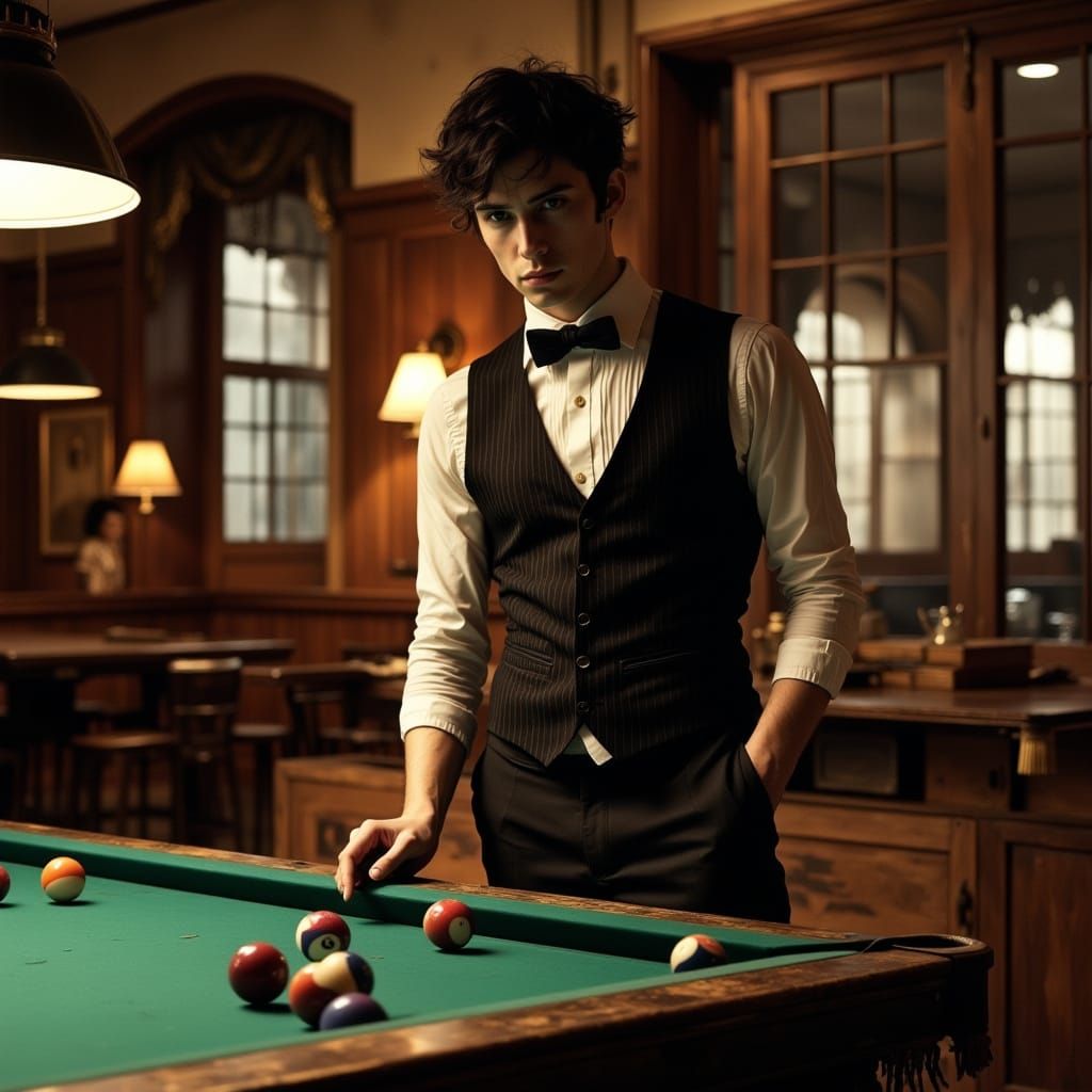 Elegant Man in Old-World Pool Hall, Digital Art