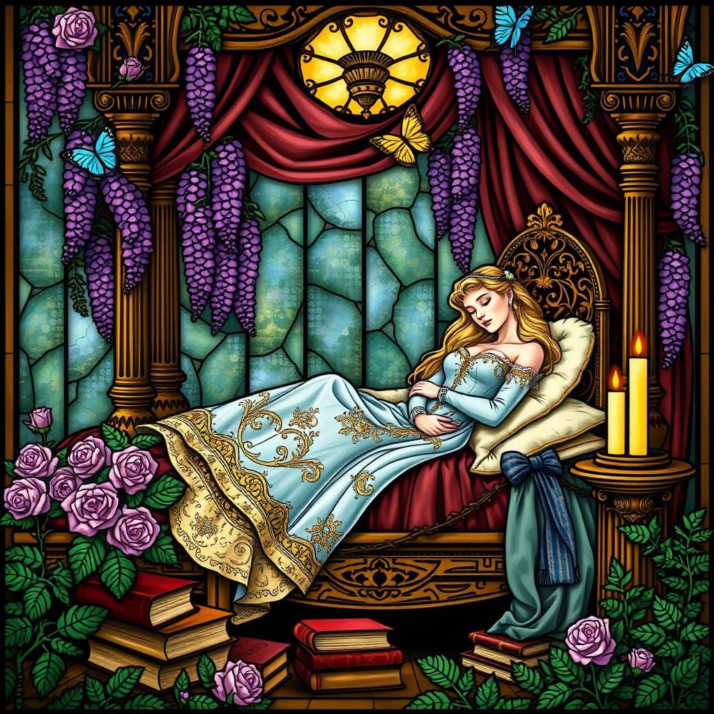 Ethereal Princess in Stained Glass, Surrounded by Romance an...