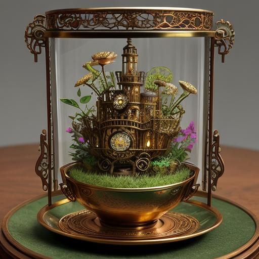 Steampunk Teacup Garden with Clockwork Mechanism