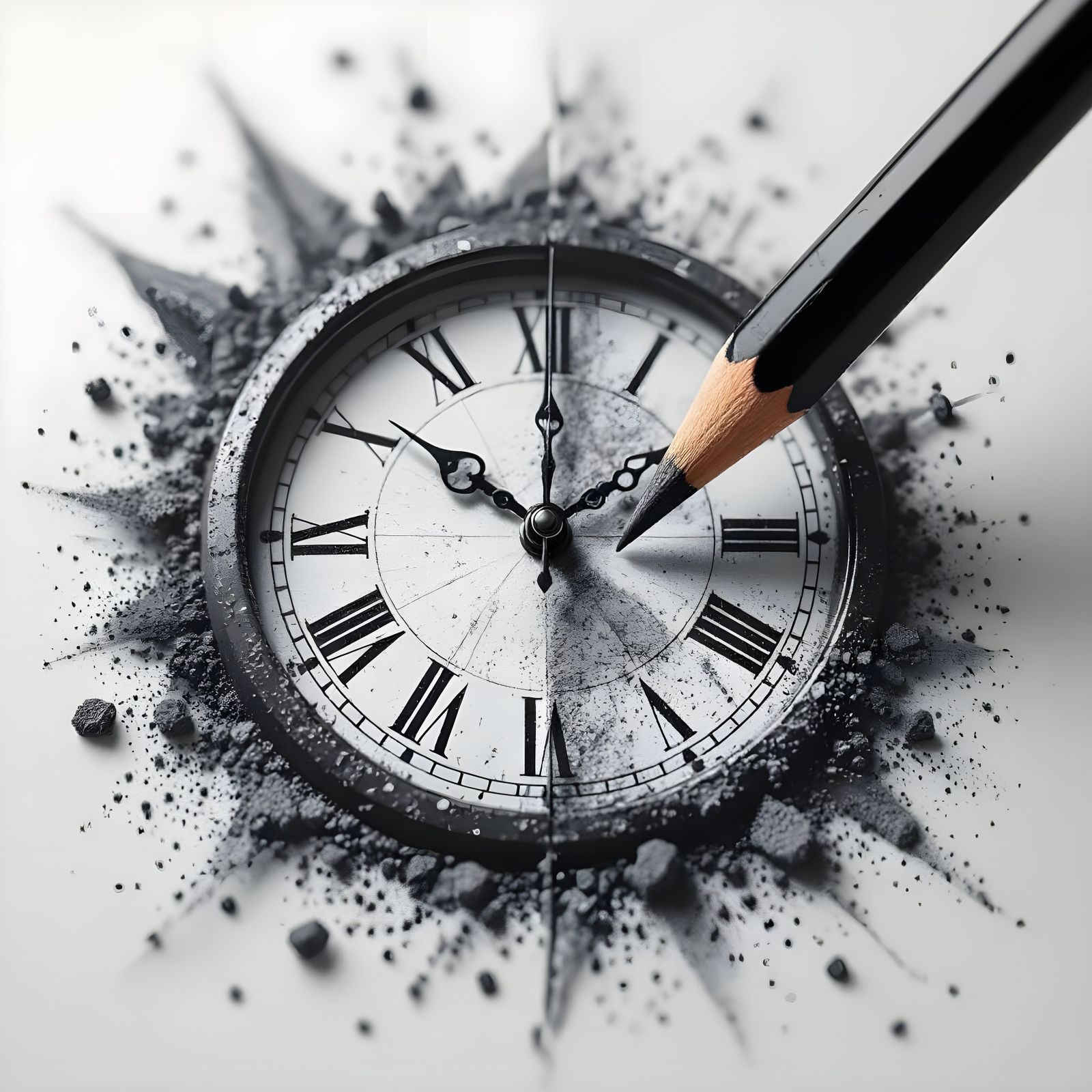 Macro View of Pencil Drawing Clock in Flight