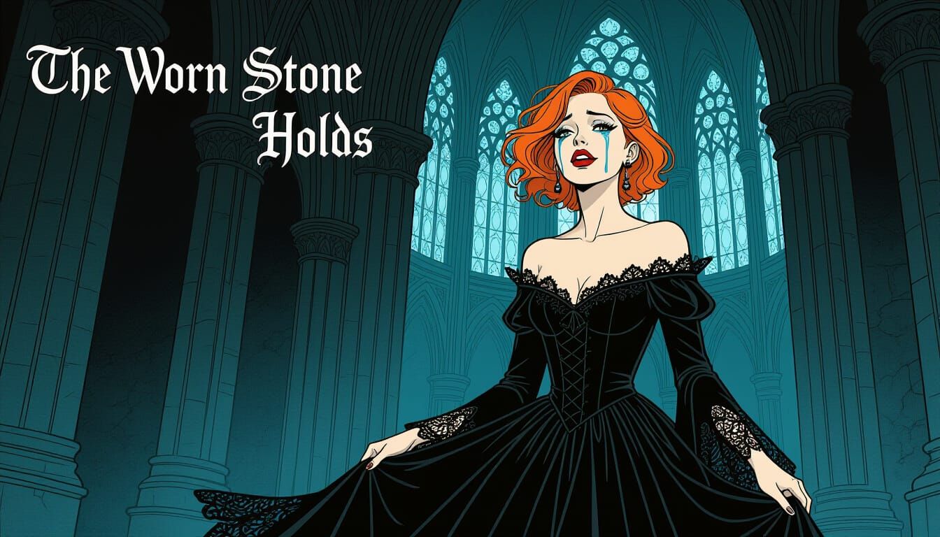 Woman in Gothic Cathedral with Hergé, Bilal, and Moebius Sty...