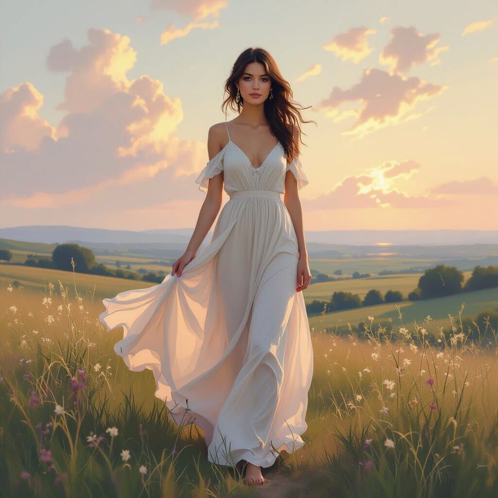 Serene Woman in Flowing Dress Inspired by Fantasy Art