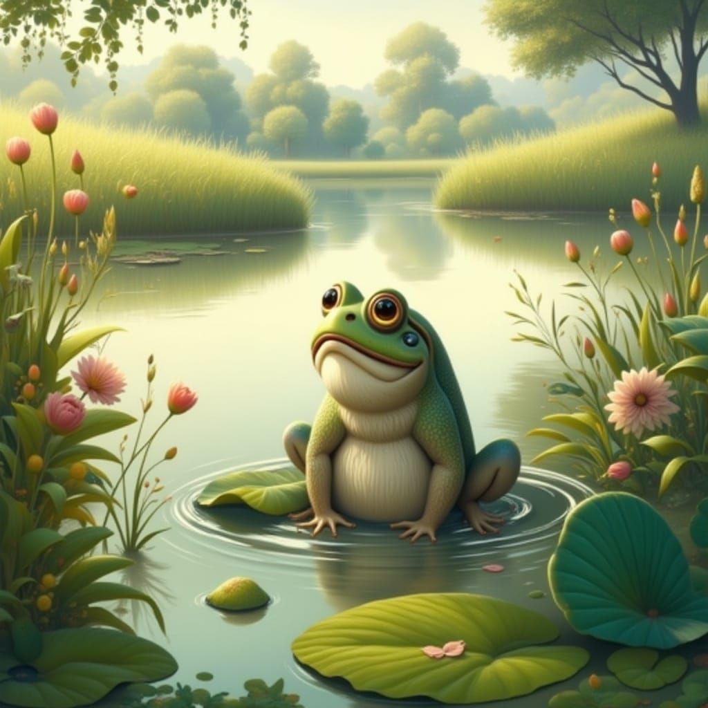 Frog Prince on Lily Pad, Whimsical Illustration