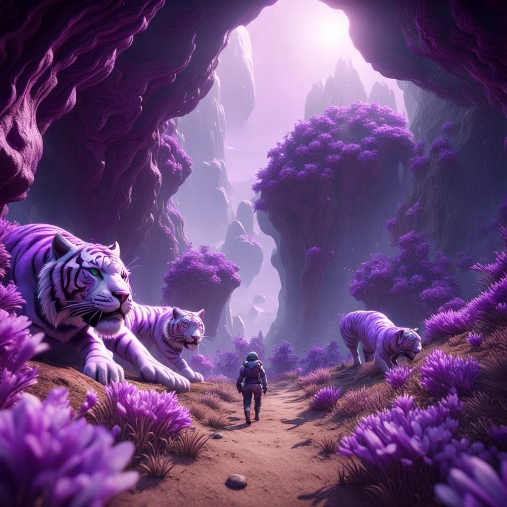 Blooming Purple Planet with Tigers: 3D Game Art