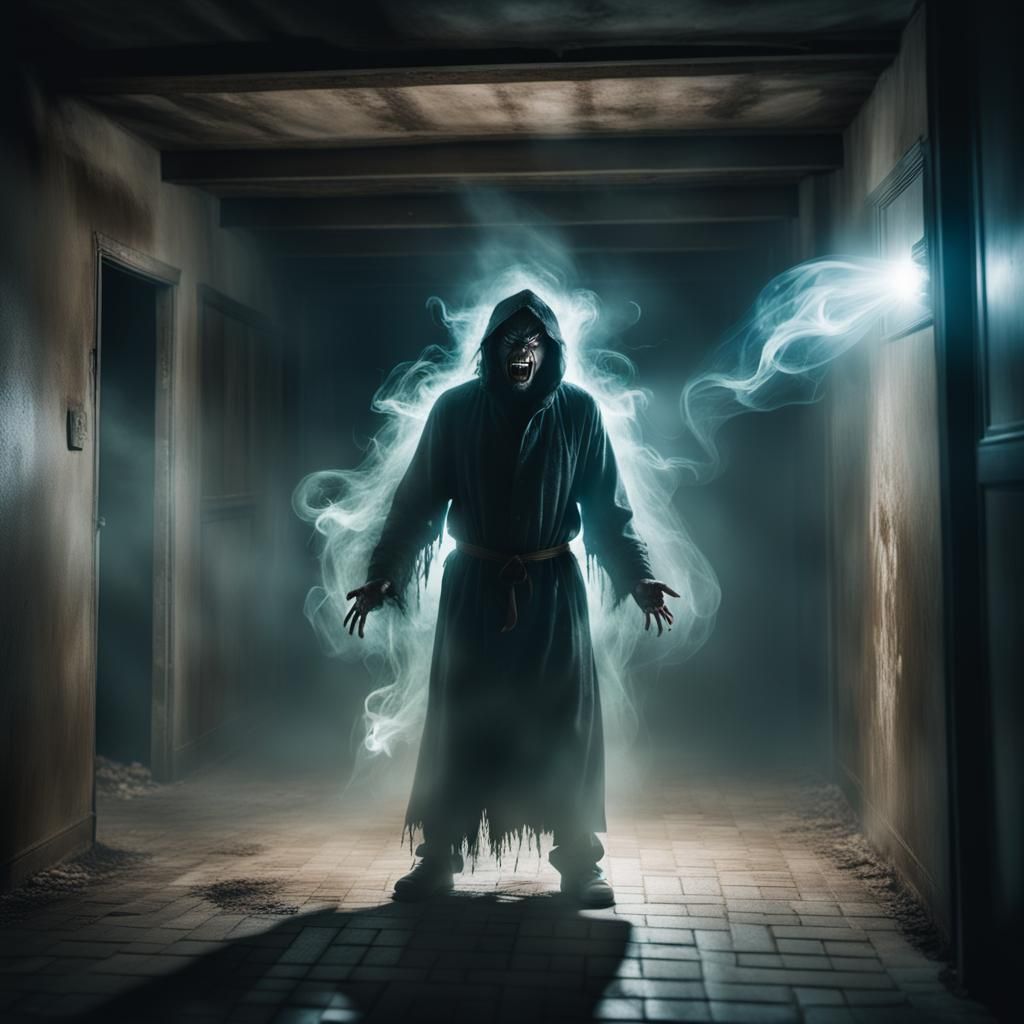 Horror Demon Attacks in Dark Basement Interior