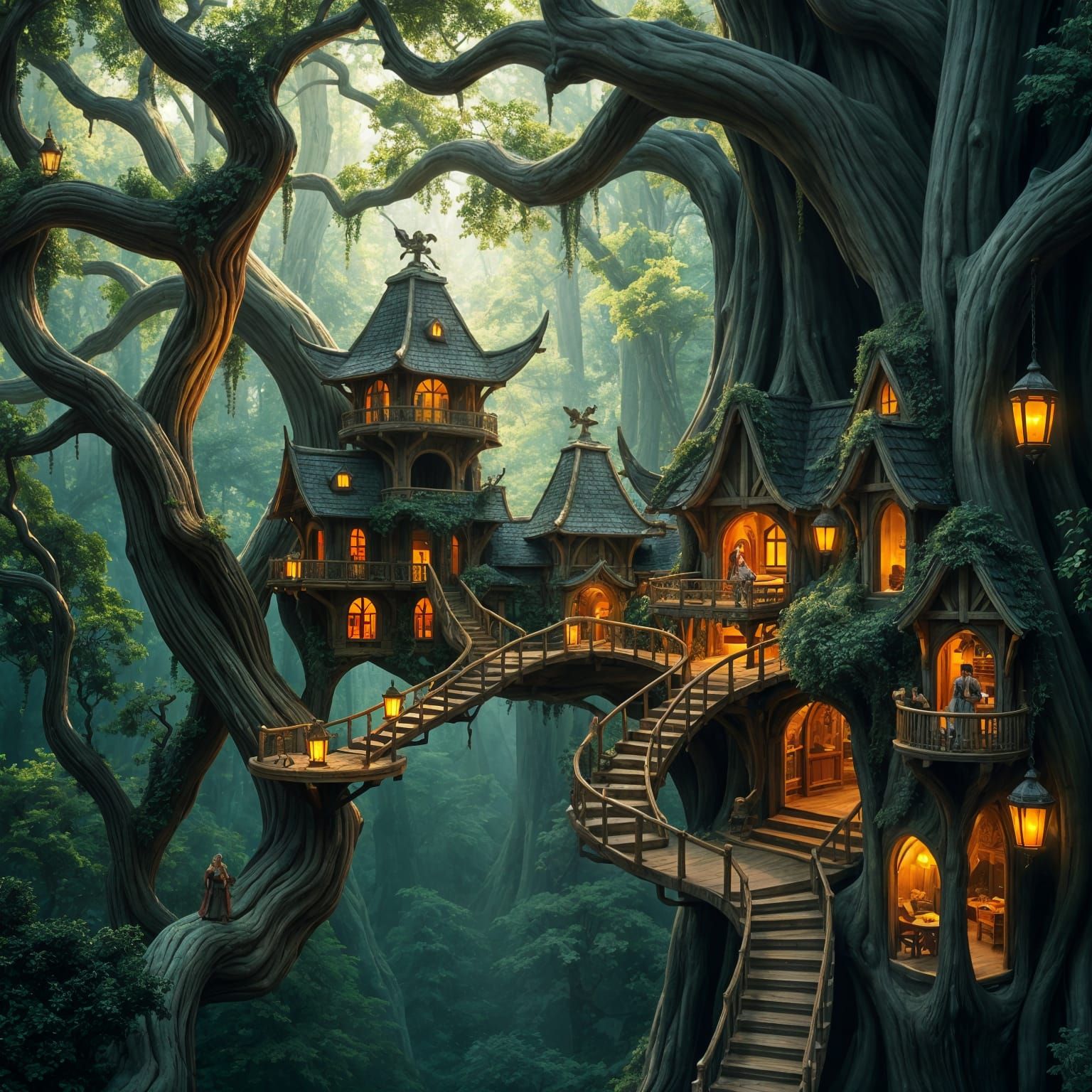 Enchanting Wood Elf Village in Ancient Treetops