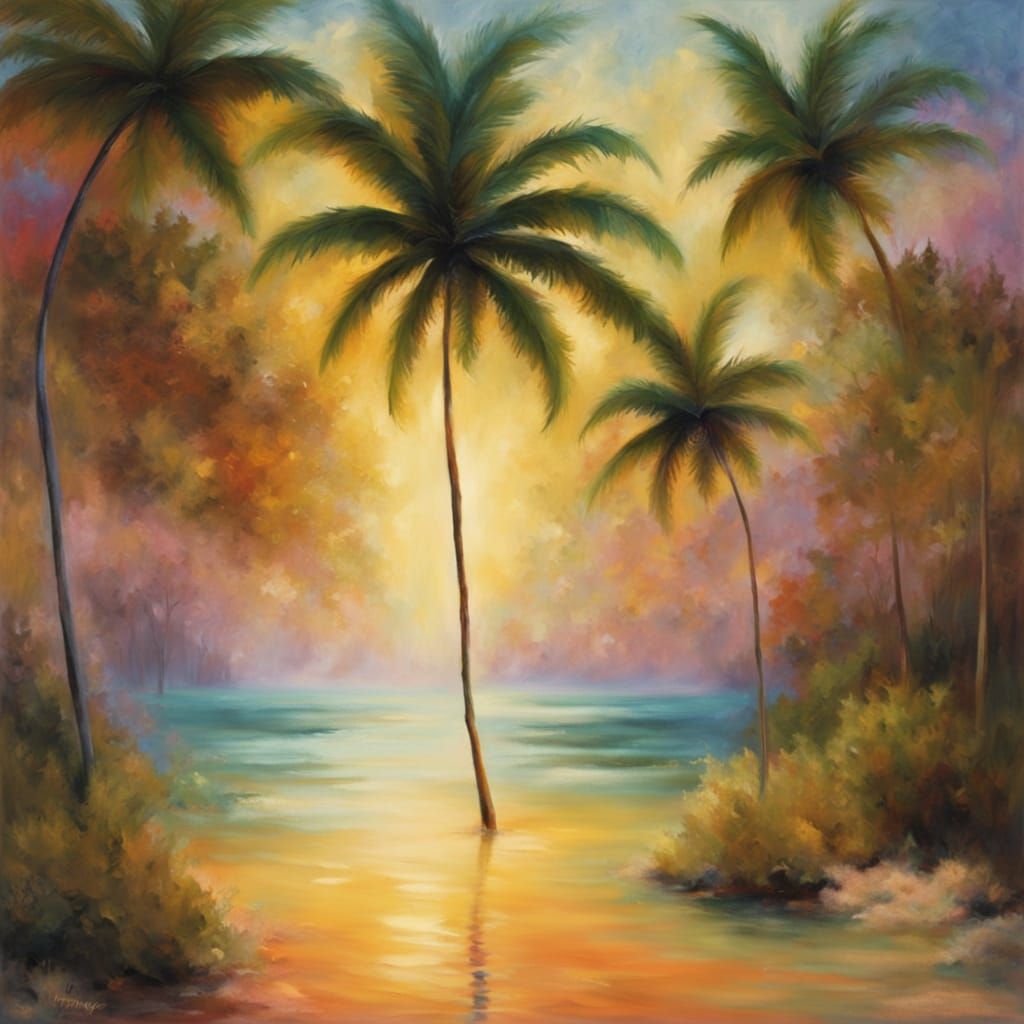 Tropical Beach Landscape in Lyrical Surrealism