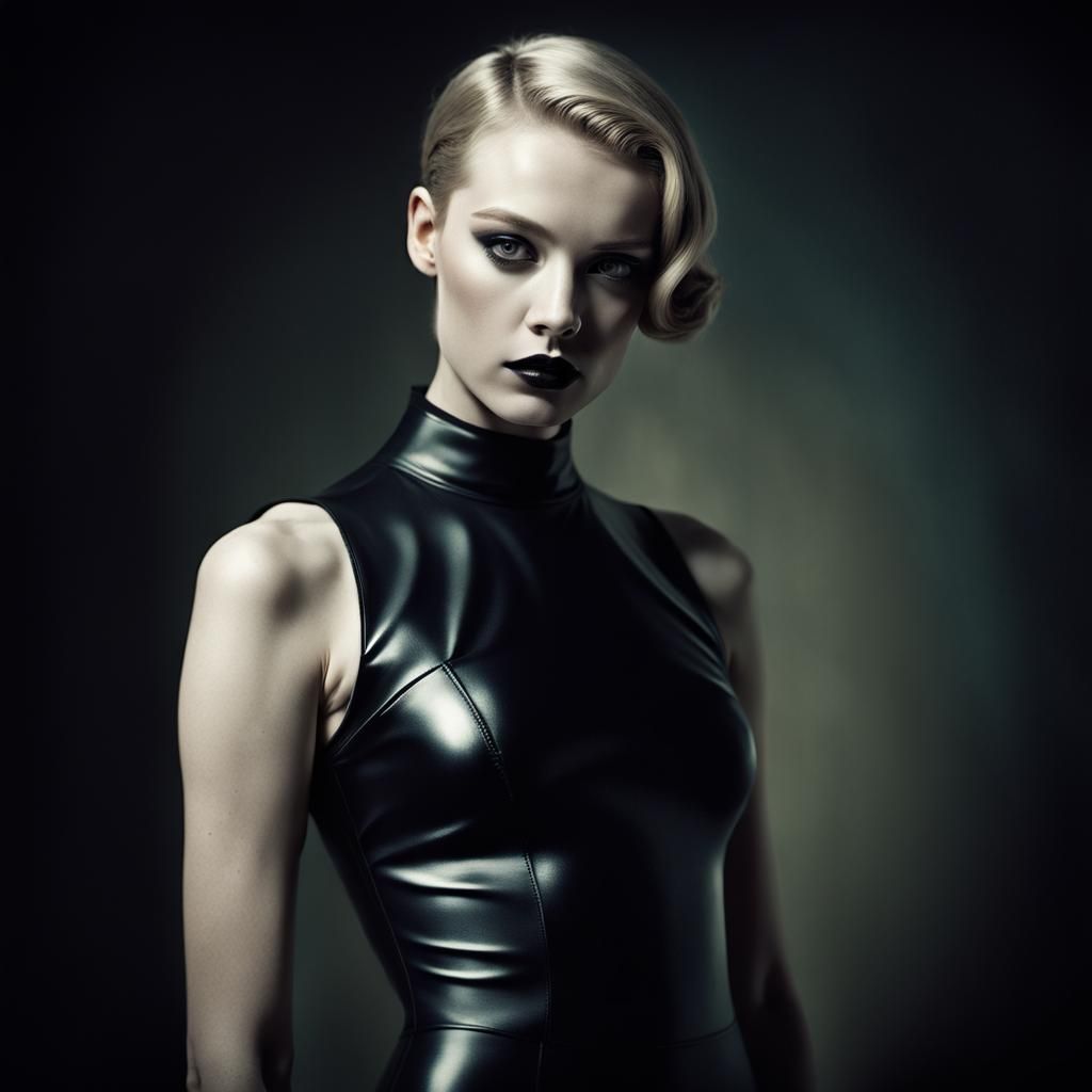 Blonde Woman in Latex Dress: Cinematic Film Portrait