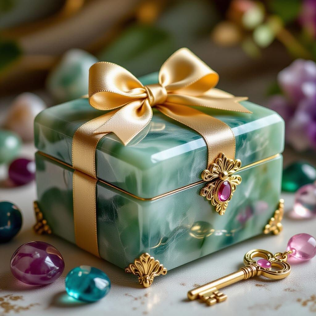 Jade Toy Box with Crystal Key in Art Nouveau Style