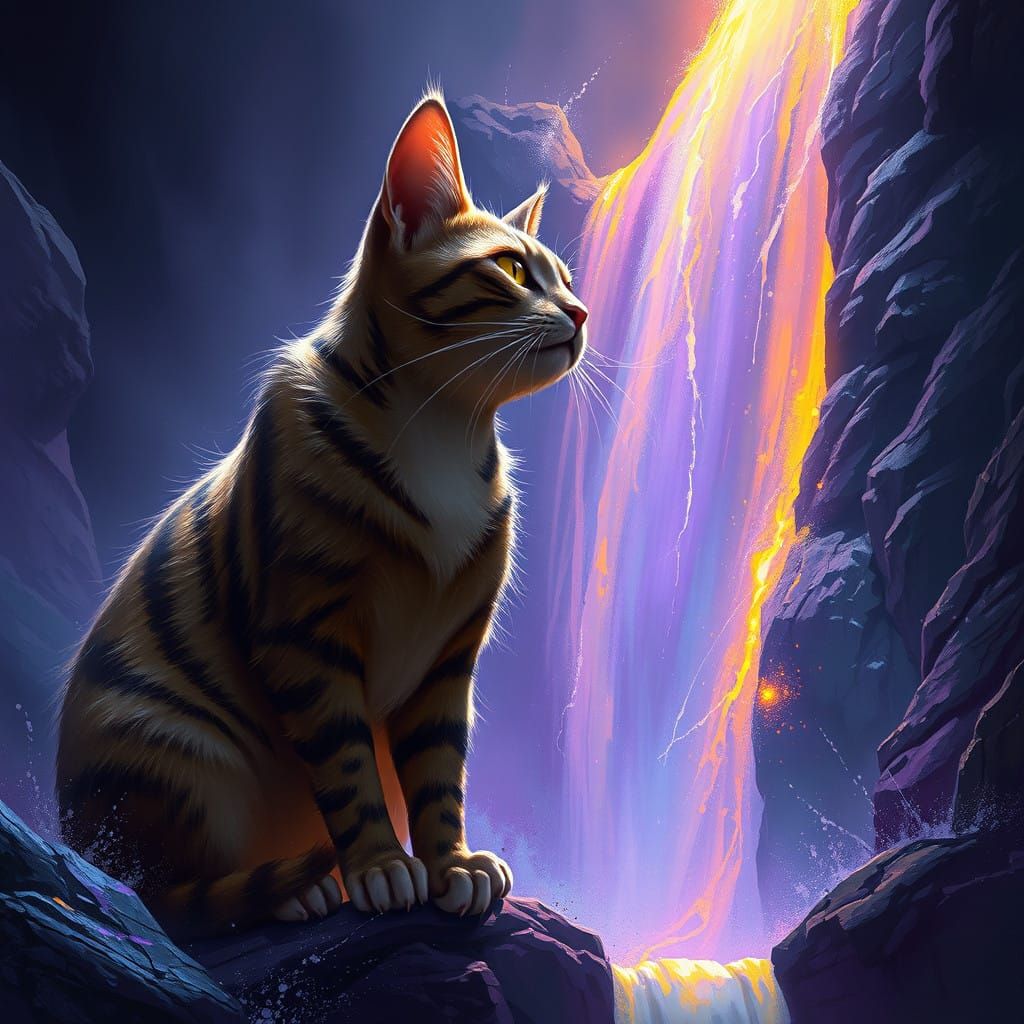 Ethereal Cat Confronts Dark Fantasy Waterfall in Masterpiece...