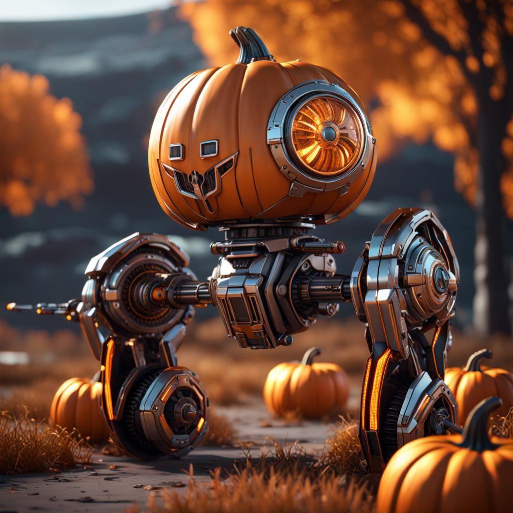 Pumpkin Headed Mecha Droid  intricate mech details, ground level shot, 8K resolution, Cinema 4D, Behance HD, polished me...