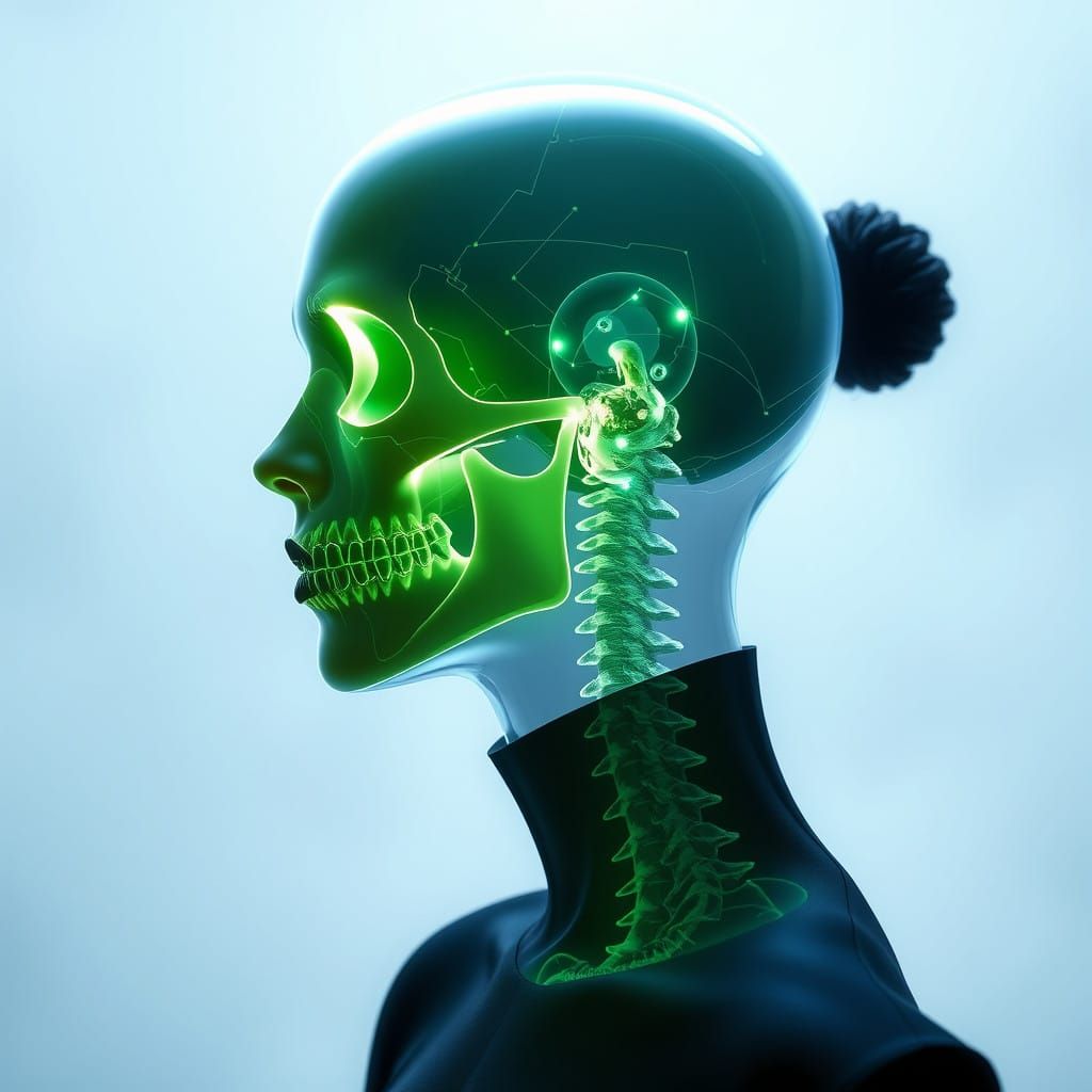 Ethereal Woman with Neon-Green Bio-Luminescent Skull in Cybe...