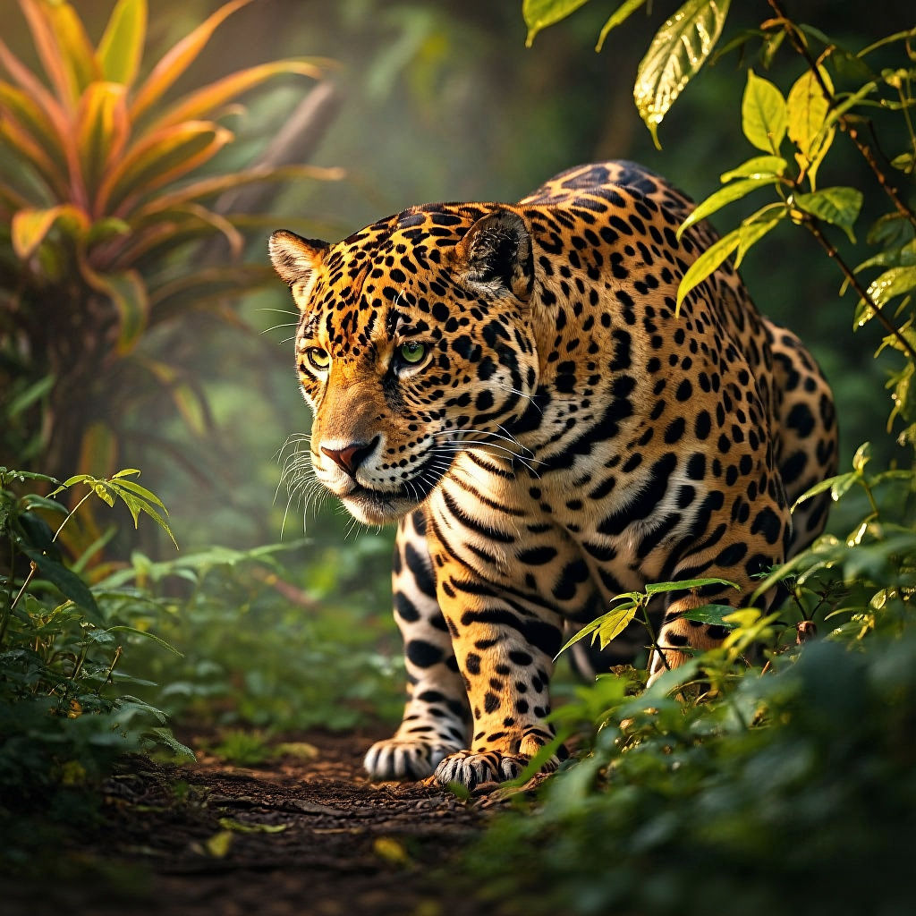 Hyperrealistic Jaguar Stalks Rabbit in Vibrant Rainforest