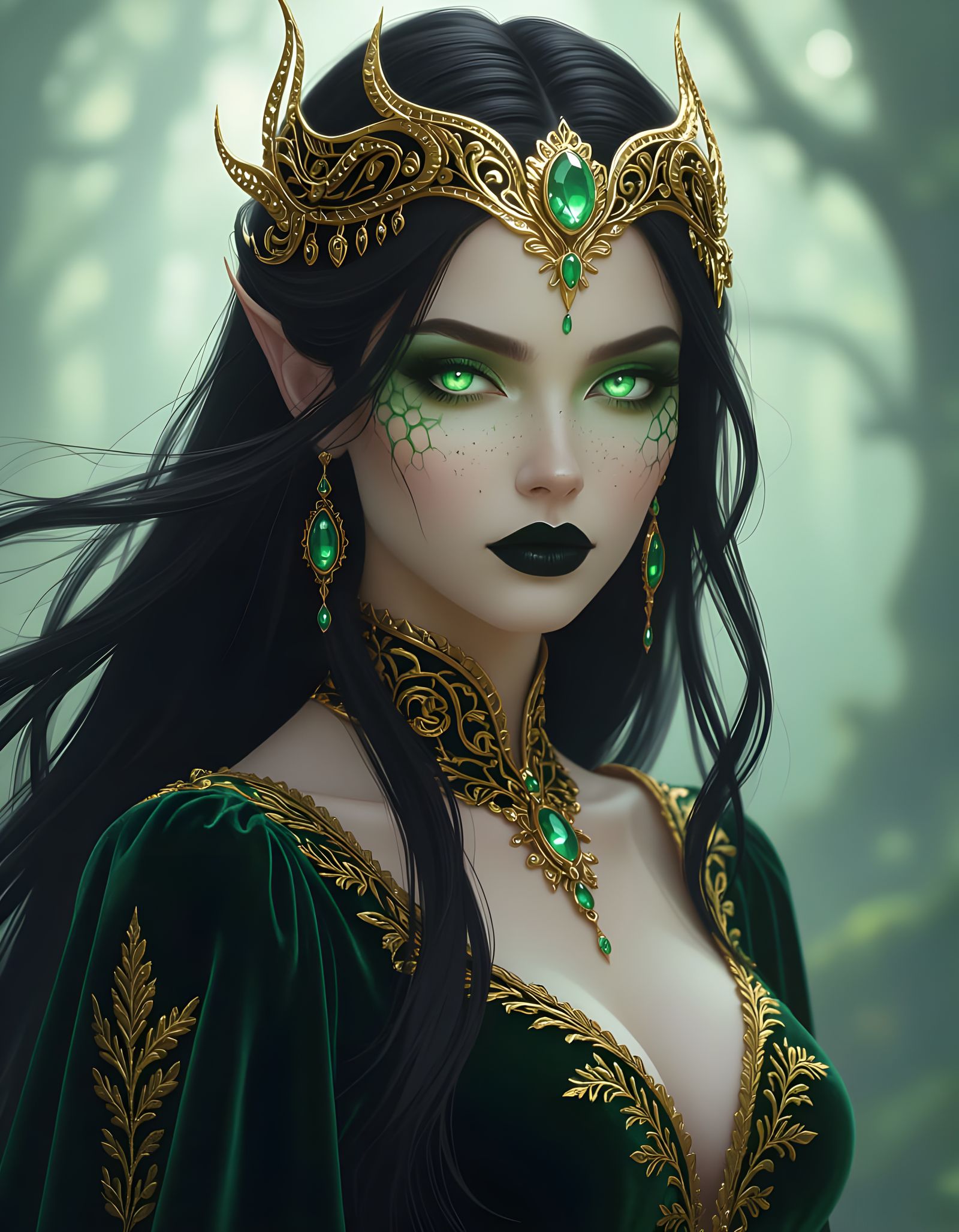 Emerald-Eyed Sorceress in Misty Forest: Hyperrealistic Portr...