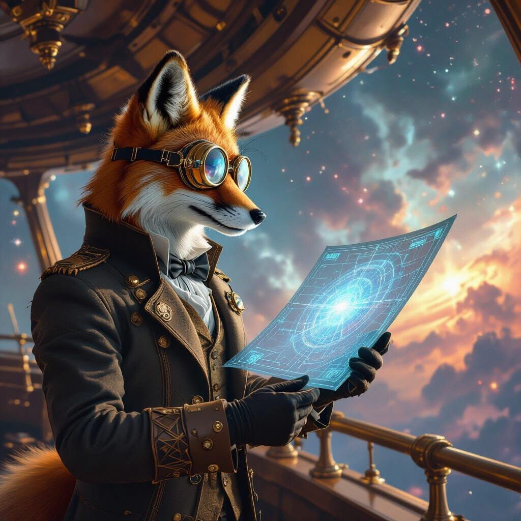 Steampunk Fox Explores Nebula Map on Airship