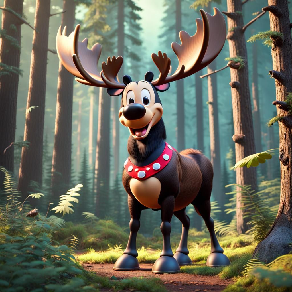 Moose in Mickey Outfit in Forest: 3D Digital Art