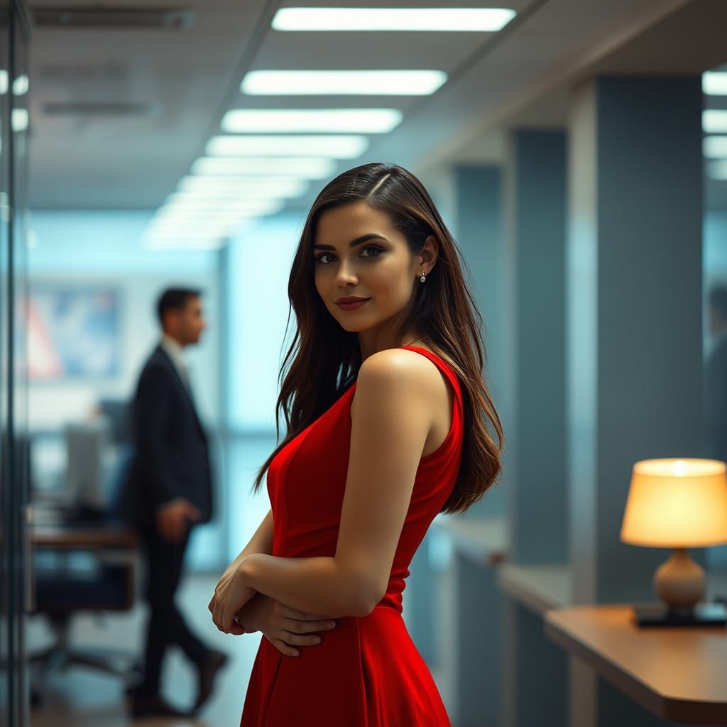 Corporate Woman in Red, Faded Young Man, Office Background