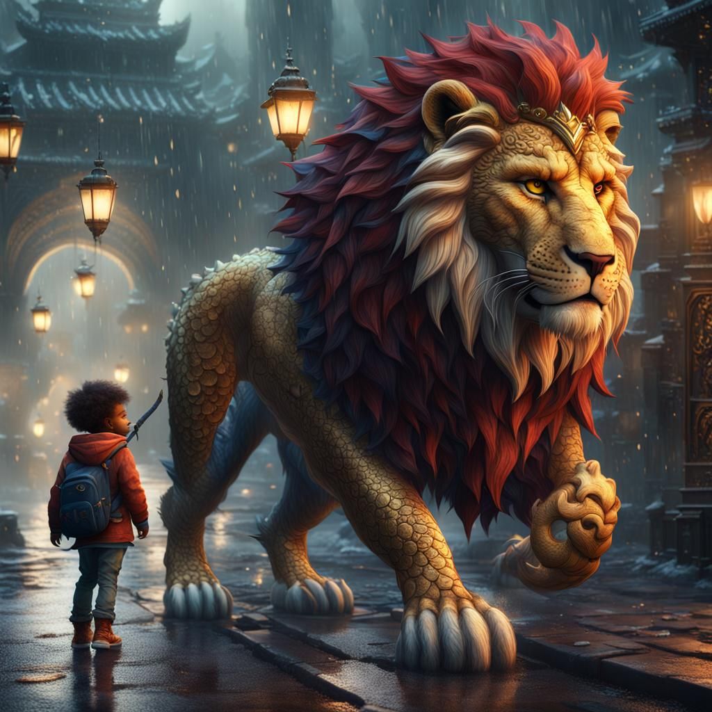 Lion Dragons in Rainy Fantasy Landscape