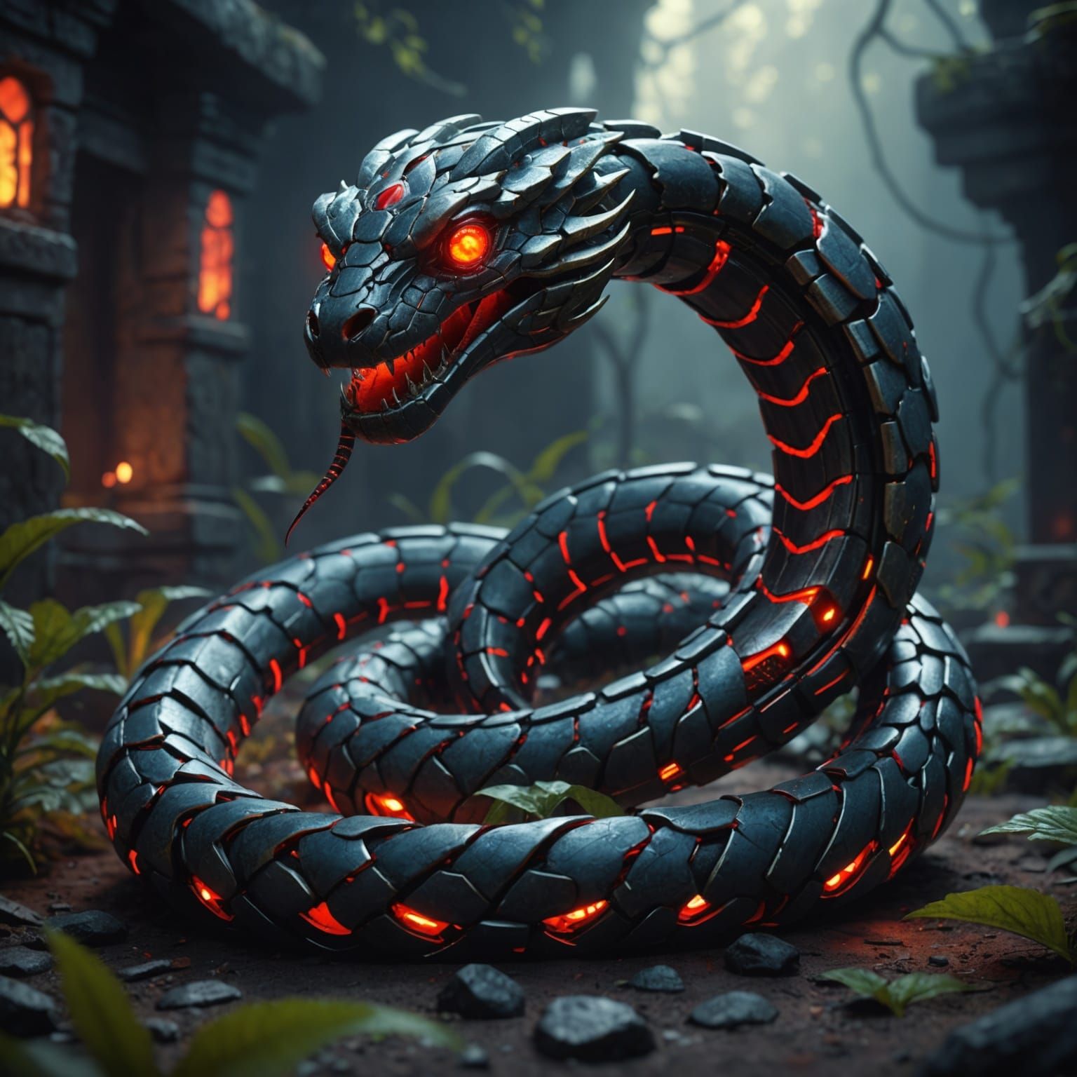Robot Snake with Glowing Eyes: Detailed Matte Painting