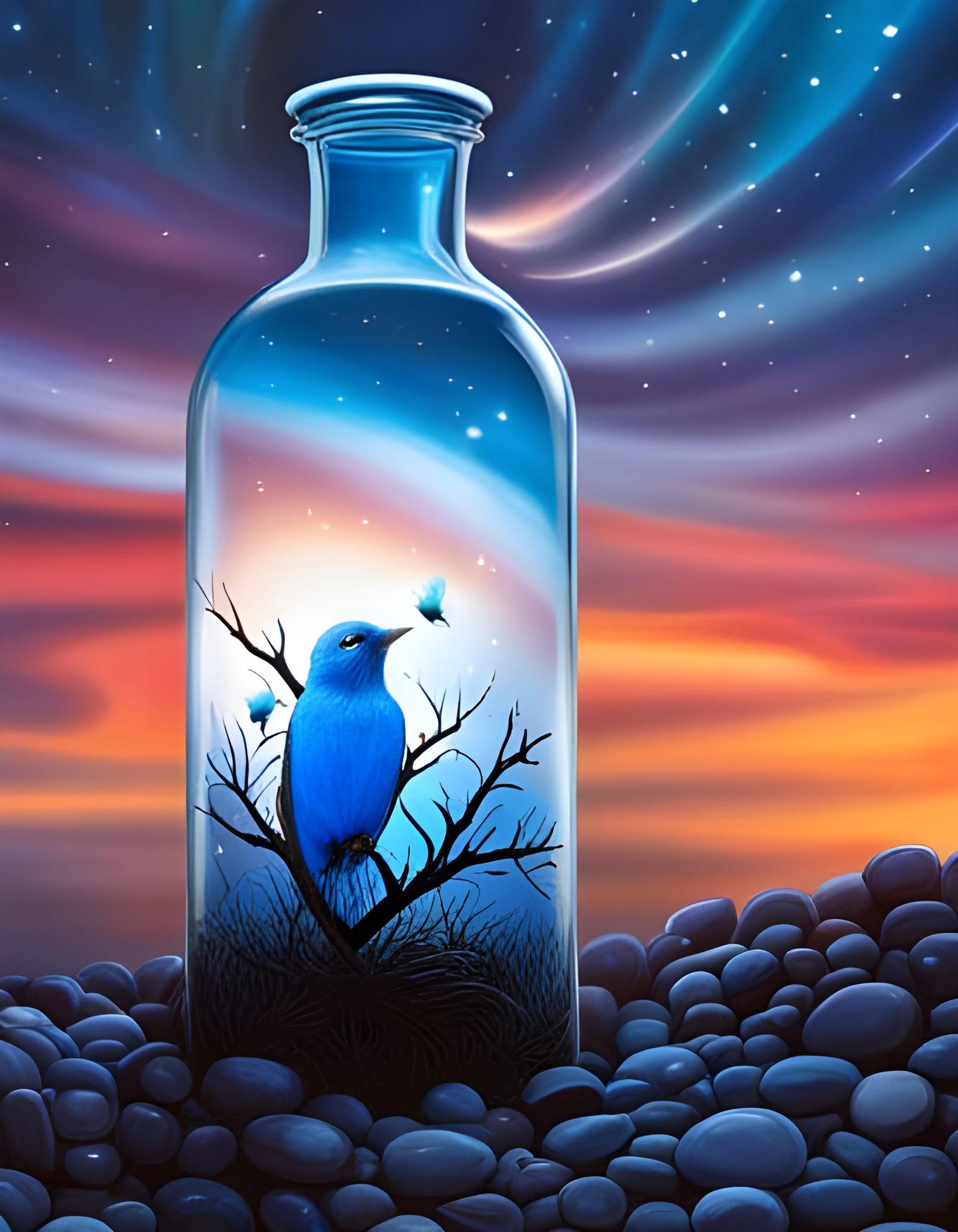 Bluebird of Happiness in Glass Bottle, Surreal Art