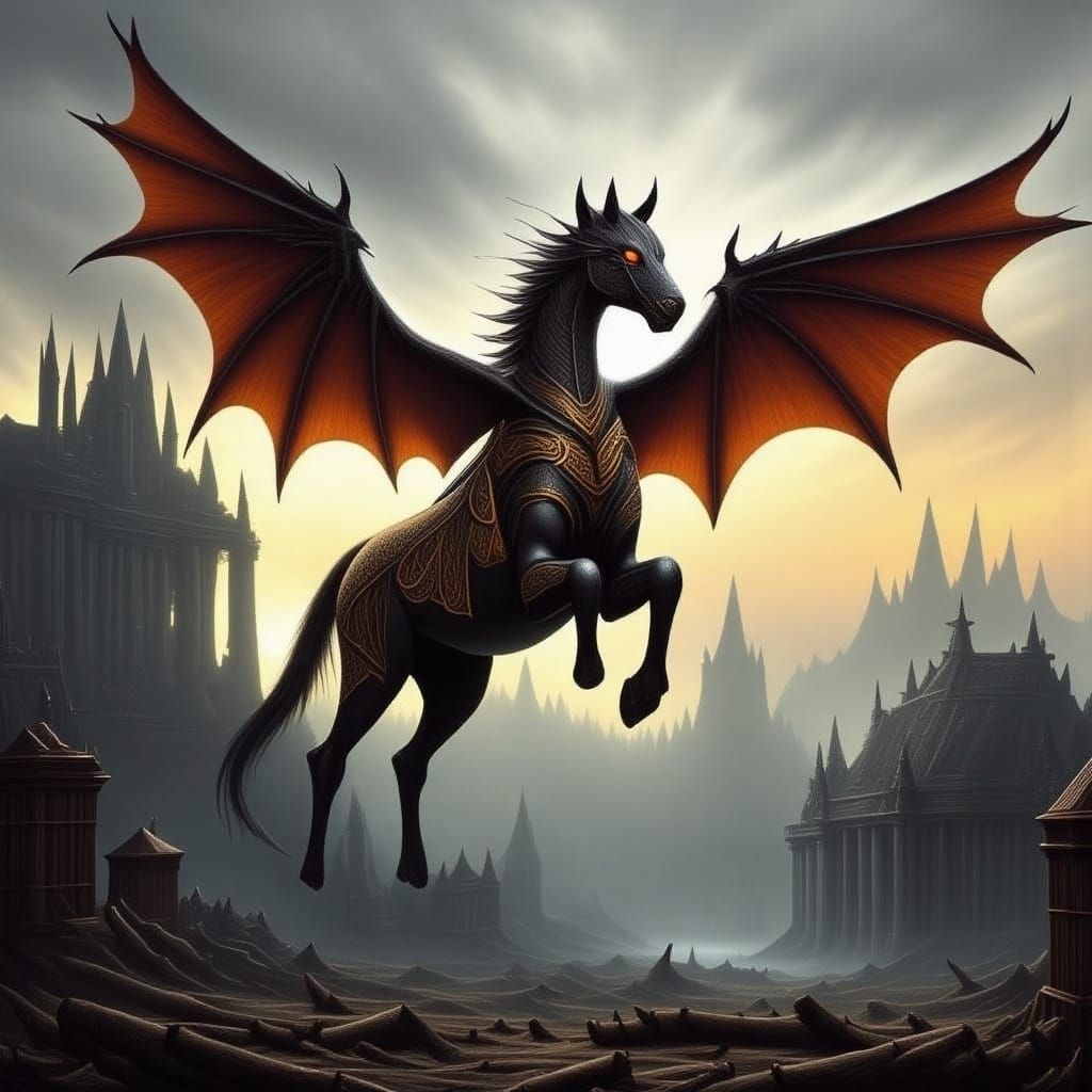 Pegasus Soaring Above Fantasy Landscape