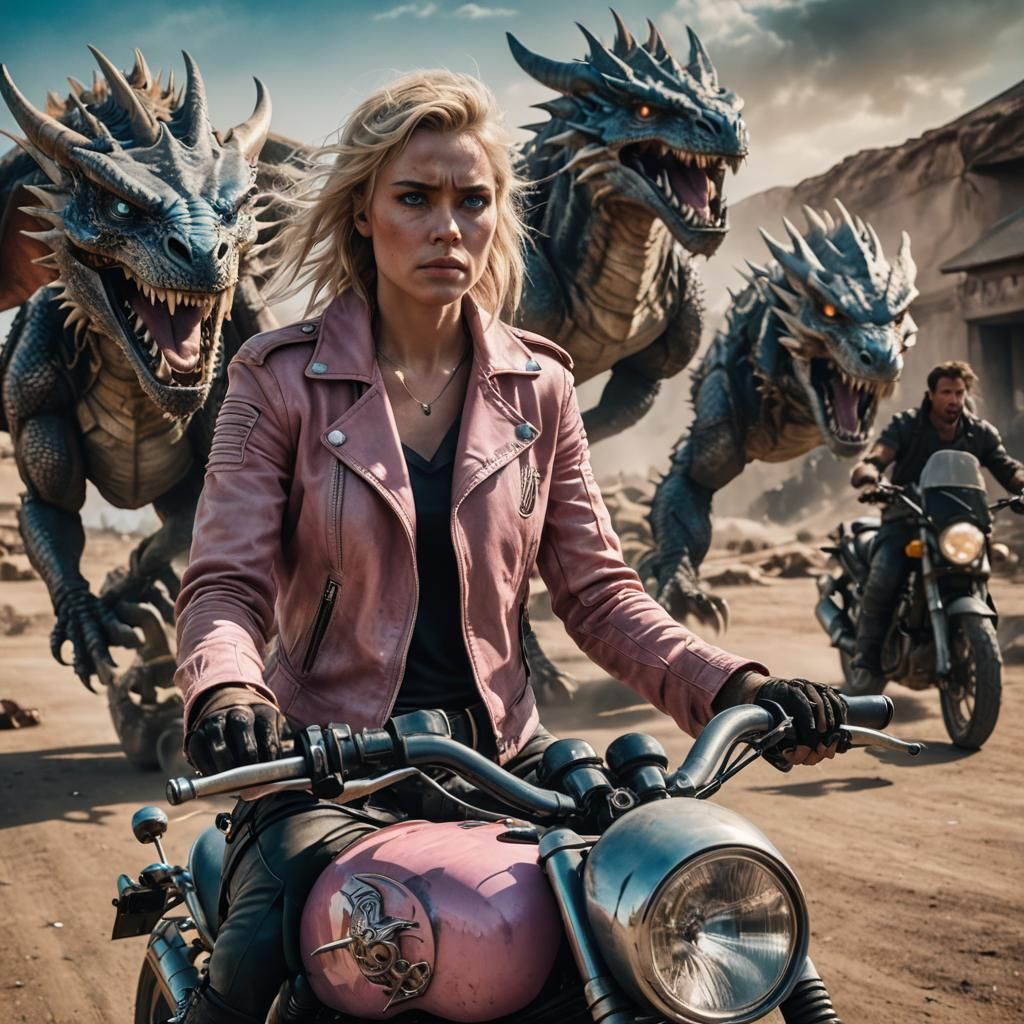 Mad Max Woman on Dragon in Cinematic Style