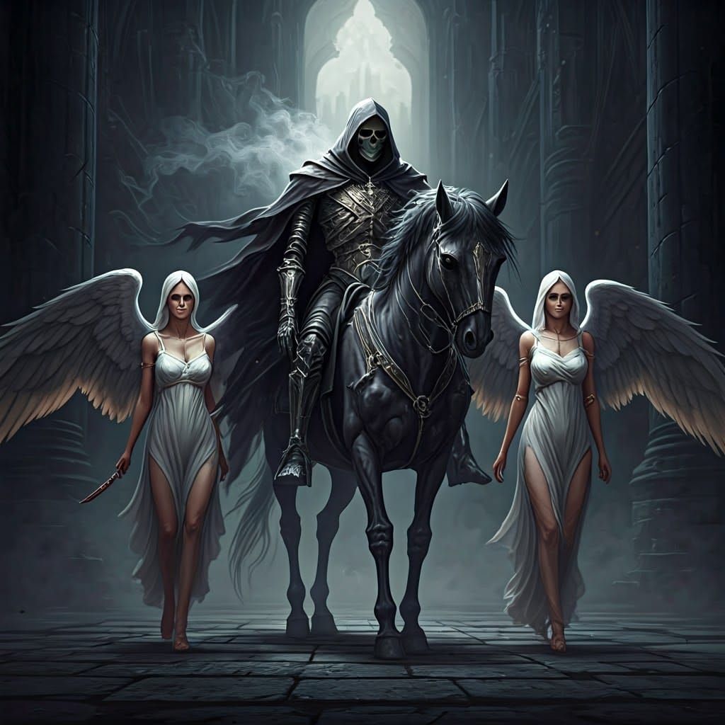 Angels of Death Ride Skeleton Horse in Smoky Landscape