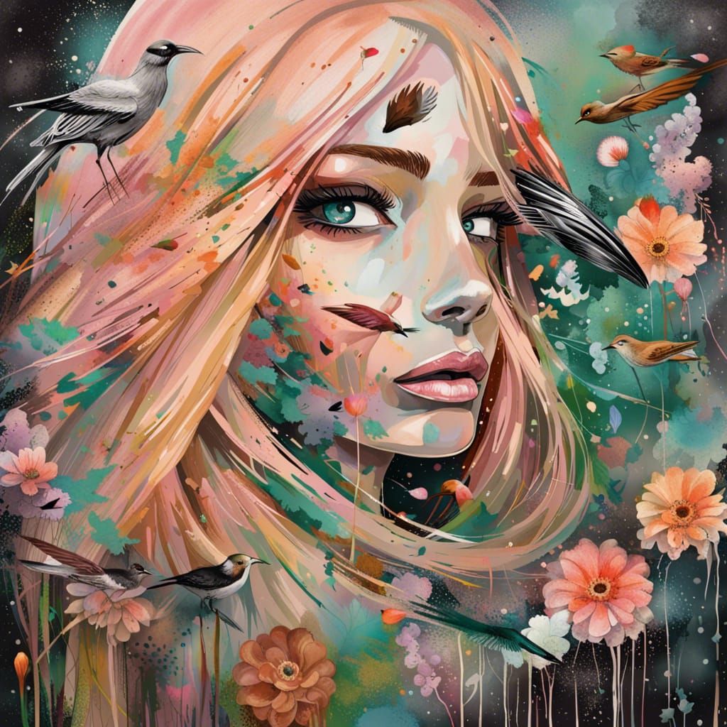 Rose Gold Hair Reflection: Pastel Garden Graffiti Art