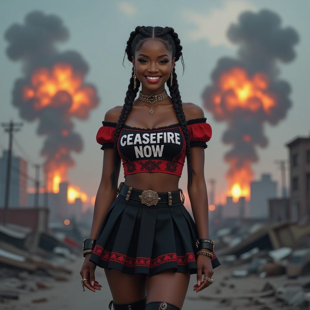 Photorealistic Woman in Gothic Fashion Amidst City Ruins