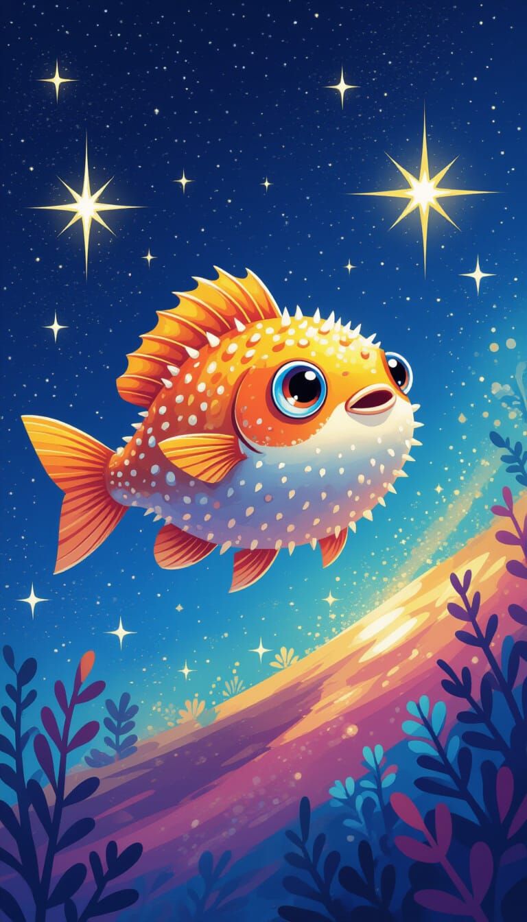 Playful Pufferfish Hopping Through Galaxy