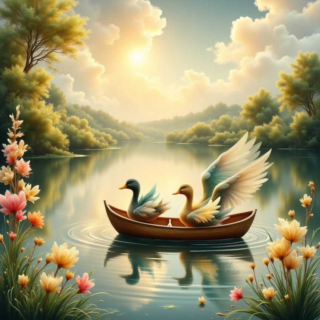 Duck Couple on Lake in Whimsical Watercolor Style