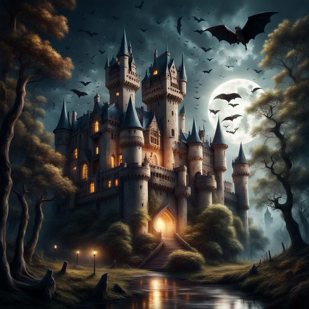 Moonlit Castle with Bats: Digital Matte Painting
