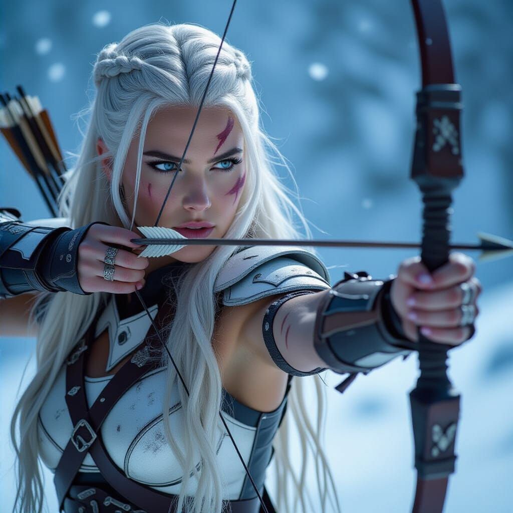 Epic Snow Archer Aiming Bow in Cinematic Style