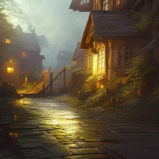 Cobblestone Street at Night as Baroque Painting