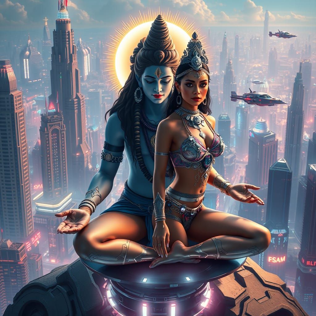 Futuristic Indian Woman and Shiva Meditating in Sky Town