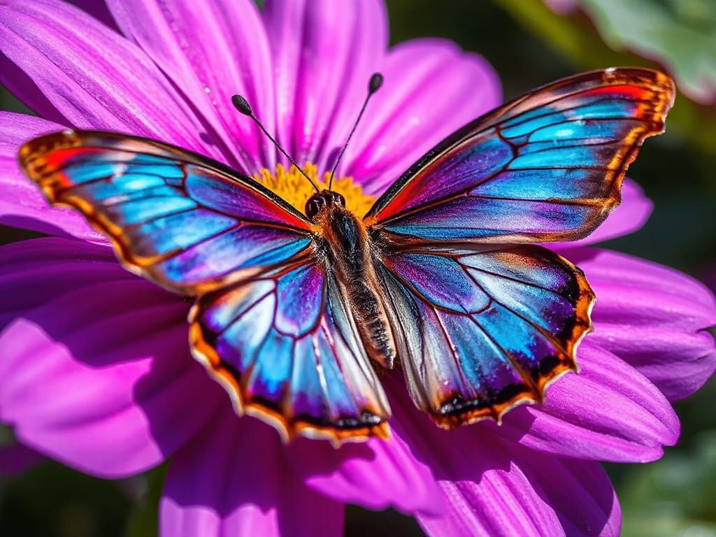 Hyperrealistic Butterfly on Flower in Sunlight