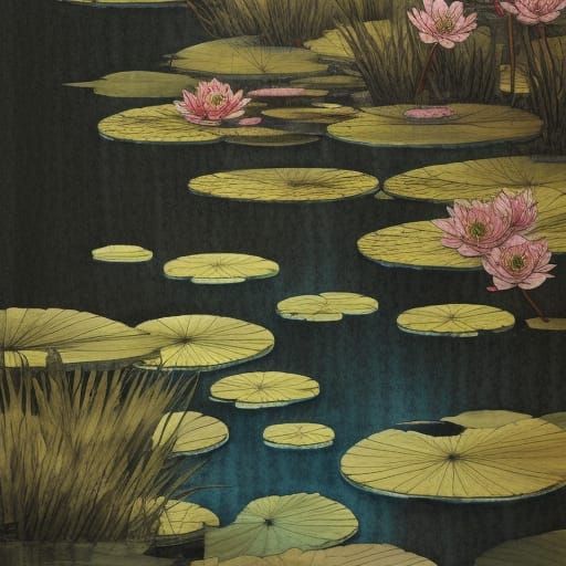 Lush Lily Pond: Watercolor and Ink Illustration