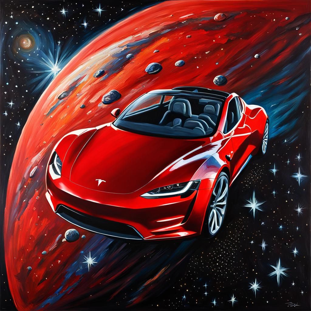 Red Tesla Roadster Floating in Space as Oil Painting